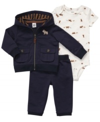 Bundle him up in cozy cuteness with this darling 3-piece bodysuit, pant and jacket set from Carter's. Bundle him up in cozy cuteness with this darling 3-piece bodysuit, pant and jacket set from Carter's.