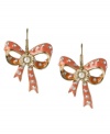 Wrap up adorable style with these too-cute bow earrings from Betsey Johnson. This pretty-in-pink design features gold-plating, eye-catching crystals accents and pretty glass pearls at center. An ear wire closure finishes the look. Approximate drop: 1-2/5 inch.