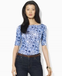 Lauren Ralph Lauren's chic boat neckline and vibrant paisley print infuse a classic cotton jersey petite tee with breezy, relaxed style. Lauren Ralph Lauren's chic boat neckline and vibrant paisley print infuse a classic cotton jersey petite tee with breezy, relaxed style.