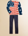 Saluting the stars and stripes, this patriotic pullover knit brings style to the states.CrewneckLong sleevesPullover style54% acrylic/36% nylon/10% woolHand wash or dry cleanImported