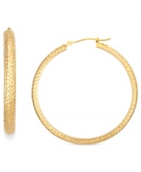 A shining statement. These hoop earrings from YellOra™ display an elegant touch with a textured surface comprised of pure gold, sterling silver and palladium. Approximate diameter: 1-1/2 inches. A shining statement. These hoop earrings from YellOra™ display an elegant touch with a textured surface comprised of pure gold, sterling silver and palladium. Approximate diameter: 1-1/2 inches.