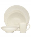 Stoneware in solid cream offers contemporary style in a combination of smooth, lined and textured surfaces. Sleek, simple and easy to dress up or down, the White Pepper 4-piece place settings are a smart, enticing choice for every meal.