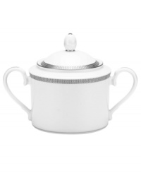 Go platinum. Solid bands and sparkling squares in white porcelain give the double-handled Pembroke Platinum sugar bowl a look that's festive yet refined. A brilliant addition to a contemporary dinnerware collection by Noritake. Go platinum. Solid bands and sparkling squares in white porcelain give the double-handled Pembroke Platinum sugar bowl a look that's festive yet refined. A brilliant addition to a contemporary dinnerware collection by Noritake.