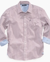 For a sporty and casual style, this vertical stripe dress shirt by Nautica goes great with jeans and chinos. For a sporty and casual style, this vertical stripe dress shirt by Nautica goes great with jeans and chinos.