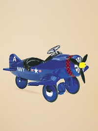 What little boy wouldn't love to play pilot in this vintage model painted brilliant blue with a checkered trim and bright yellow nose? All metal construction Padded seat Rubber-edged wheels Pedal operation 24H X 44W X 45D Imported Recommended for ages 3-5 What little boy wouldn't love to play pilot in this vintage model painted brilliant blue with a checkered trim and bright yellow nose? All metal construction Padded seat Rubber-edged wheels Pedal operation 24H X 44W X 45D Imported Recommended for ages 3-5