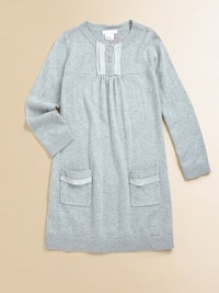 Beyond soft, this knit dress features convenient front pockets, delicate silk trim and classic ribbed knit details.Round neckLong sleevesButton placketPatch pocketsLogo detail at hemHits at knee65% viscose/27% cotton/8% silkDry cleanImported Beyond soft, this knit dress features convenient front pockets, delicate silk trim and classic ribbed knit details.Round neckLong sleevesButton placketPatch pocketsLogo detail at hemHits at knee65% viscose/27% cotton/8% silkDry cleanImported