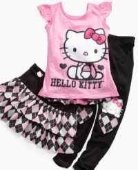 Add a pretty, preppy twist to her style with the adorable argyle ruffles on this comfy skirt from Hello Kitty. Add a pretty, preppy twist to her style with the adorable argyle ruffles on this comfy skirt from Hello Kitty.