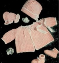 Crochet a Pink and White Set for Baby Pattern - Vintage Baby Pattern to Crochet a Sacque, Mittens, Booties and a Hat Crochet a Pink and White Set for Baby Pattern - Vintage Baby Pattern to Crochet a Sacque, Mittens, Booties and a Hat