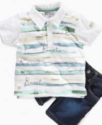 Get him prepped for fun in this dapper polo shirt and denim short set from Kenneth Cole Reaction. Get him prepped for fun in this dapper polo shirt and denim short set from Kenneth Cole Reaction.