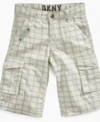 He'll be cool in school and everywhere else with these plaid cargo shorts from DKNY. He'll be cool in school and everywhere else with these plaid cargo shorts from DKNY.