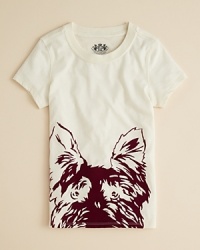 From Juicy Couture, a cute crewneck tee with flocked dog print on the lower half. From Juicy Couture, a cute crewneck tee with flocked dog print on the lower half.