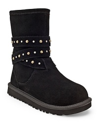 Go glam with this sturdy suede boot, wrapped in a gold and silver studded suede strap, with inside zipper for an easier on/off. Go glam with this sturdy suede boot, wrapped in a gold and silver studded suede strap, with inside zipper for an easier on/off.