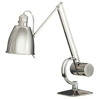 Adjustable desk lamp with polished nickel finish over metal. Intriguing in shape and design. Metal shade. Hi-Lo dimmer switch. Adjustable desk lamp with polished nickel finish over metal. Intriguing in shape and design. Metal shade. Hi-Lo dimmer switch.