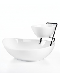 Elevate your favorite snacks. This two-tiered chip and dip employs a stand that stacks a small bowl above a larger one, freeing up table space and adding interest to understated whiteware. From The Cellar. Elevate your favorite snacks. This two-tiered chip and dip employs a stand that stacks a small bowl above a larger one, freeing up table space and adding interest to understated whiteware. From The Cellar.