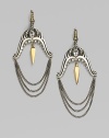 From the Jewels Verne Collection. Polished and oxidized sterling silver with a goldplated spike drop.Crystal Sterling silver Yellow goldplated Length, about 2½ 14K gold post with omega clip Imported 