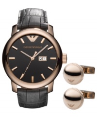 Add subtle styling to your favorite Italian suit with this timepiece and matching set of cufflinks from Emporio Armani. Add subtle styling to your favorite Italian suit with this timepiece and matching set of cufflinks from Emporio Armani.