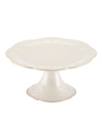 With fanciful beading and a feminine shape, this cake stand from the Lenox French Perle white dinnerware collection has an irresistibly old-fashioned sensibility. Hard-wearing stoneware is dishwasher safe and, in a soft white hue with antiqued trim, a graceful addition to dessert. With fanciful beading and a feminine shape, this cake stand from the Lenox French Perle white dinnerware collection has an irresistibly old-fashioned sensibility. Hard-wearing stoneware is dishwasher safe and, in a soft white hue with antiqued trim, a graceful addition to dessert.