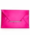 Add a touch of satin to your evening out with this impossibly chic clutch from BCBGMAXAZRIA. The ultra-slim envelope design is accented with signature-embossed hardware and discretely stows cards, cash ID and favorite lip gloss.