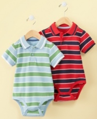 Stripes keep him stylish while this bodysuit from First Impressions keeps him comfortable. Stripes keep him stylish while this bodysuit from First Impressions keeps him comfortable.