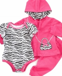 She'll get glam in this cute zebra print terry hoodie, bodysuit and pants set by First Impressions. She'll get glam in this cute zebra print terry hoodie, bodysuit and pants set by First Impressions.
