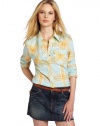 True Religion Women's Long Sleeve Mick Cotton Plaid Western Shirt, Yellow, Small