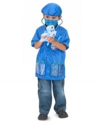 he care of all the toy pets in the house will be in capable hands when your little animal doctor is suited up in a machine-washable blue jacket, mask and surgical cap. The set includes a stethoscope with sound effects, syringe, thermometer, mask, cap, bandage, reusable veterinarian name tag and a little plush puppy patient to doctor and love. he care of all the toy pets in the house will be in capable hands when your little animal doctor is suited up in a machine-washable blue jacket, mask and surgical cap. The set includes a stethoscope with sound effects, syringe, thermometer, mask, cap, bandage, reusable veterinarian name tag and a little plush puppy patient to doctor and love.