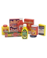 Here are some great staples every little chef needs to have in the pantry. This 9-piece wooden set of dry goods includes tuna, ketchup, spaghetti, soup, sugar, crackers, salad dressing, mustard and cereal. Here are some great staples every little chef needs to have in the pantry. This 9-piece wooden set of dry goods includes tuna, ketchup, spaghetti, soup, sugar, crackers, salad dressing, mustard and cereal.
