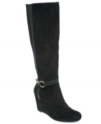 Suede style that fits like a glove. Stretch detail along the back shaft of the Dalby tall wedge boots by Jones New York provides a truly unique fit. Suede style that fits like a glove. Stretch detail along the back shaft of the Dalby tall wedge boots by Jones New York provides a truly unique fit.