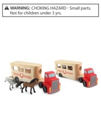 Load the two flocked horses into the trailer of this wooden big rig and you're ready to hit the trail, 21st century-style! The horse carrier comes with a pull-down ramp so that the horses can be loaded and unloaded with ease. Great for fine motor, language and imaginative play skills. Load the two flocked horses into the trailer of this wooden big rig and you're ready to hit the trail, 21st century-style! The horse carrier comes with a pull-down ramp so that the horses can be loaded and unloaded with ease. Great for fine motor, language and imaginative play skills.