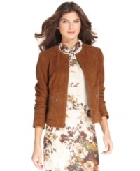 Throw on this petite suede leather jacket from Jones New York for an easy transitional summer to fall look! Throw on this petite suede leather jacket from Jones New York for an easy transitional summer to fall look!
