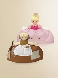 Reversible doll has two contrasting outfits in one: Cinderella in taffeta and cotton rag dress with kerchief, mouse and broomstick; and the princess beauty in a taffeta and organza gown. 10H X 10W X 2½D Imported Recommended for ages 2 and up