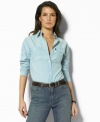 This Lauren by Ralph Lauren petite shirt offers polished style-tailored for a relaxed fit in ultra-soft cotton chambray.