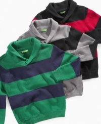 Stock up on this essential sweater from Greendog with a distinctive shawl collar and chunky stripes. Stock up on this essential sweater from Greendog with a distinctive shawl collar and chunky stripes.