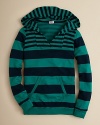 Mixed skinny and wide stripes embellish this three-quarter sleeve hoodie finished with a sporty kangaroo pocket.