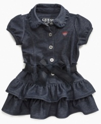 Feeling the blues. She'll be a happy camper in this precious tiered-ruffle denim dress from Guess. Feeling the blues. She'll be a happy camper in this precious tiered-ruffle denim dress from Guess.