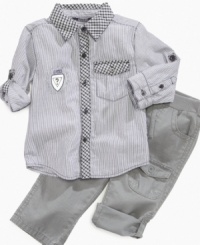 Sharp details give your little dude upscale style with this striped shirt and convertible pant set from Guess. Sharp details give your little dude upscale style with this striped shirt and convertible pant set from Guess.