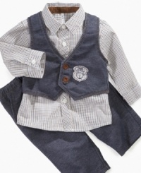 Your little guy will be boasting big boy style in this handsome vest, shirt and pants set by Guess.