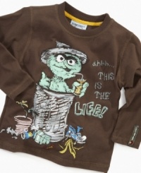 Oscar The Grouch has come out his can to share his words of wisdom on this cute long sleeve tee by Nannette. Oscar The Grouch has come out his can to share his words of wisdom on this cute long sleeve tee by Nannette.