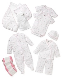 Everything mommy needs for her little girl! Shower her with this large gift basket packed with a star-print blanket, four burp cloths, two short sleeve rompers, a long sleeve romper, a cap, a terry cloth and a terry cloth bag. Everything mommy needs for her little girl! Shower her with this large gift basket packed with a star-print blanket, four burp cloths, two short sleeve rompers, a long sleeve romper, a cap, a terry cloth and a terry cloth bag.