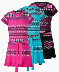 A dress that's easy enough for school days and pretty enough for parties: Jacquard-patterned sweater dress with ruffled hem from Planet Gold. A dress that's easy enough for school days and pretty enough for parties: Jacquard-patterned sweater dress with ruffled hem from Planet Gold.