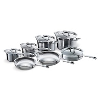 This set includes everything you need to cook up flavorful fare. Designed with a full base-to-rim aluminum core between three layers of stainless steel, these pots and pans are outfitted with handles attached with stainless steel rivets, ensuring long-lasting durability. Compatible with all cooking surfaces, including induction stovetops.