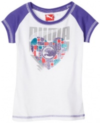 Puma - Kids Girls 7-16 Geo Heart Contrast Raglan Tee, White/Purple, 5 Puma - Kids Girls 7-16 Geo Heart Contrast Raglan Tee, White/Purple, 5