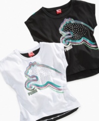 A Puma logo on the front with sweet prints on back, these hi-low tees exude confident style. A Puma logo on the front with sweet prints on back, these hi-low tees exude confident style.