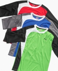 No sweat. He'll be set to play all day in this contrast Puma shirt with Dry Cell technology to wick away moisture. No sweat. He'll be set to play all day in this contrast Puma shirt with Dry Cell technology to wick away moisture.