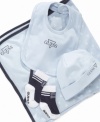 Great baby gift idea by Guess? includes a hooded blanket, bib, hat, and socks. Mesh bag included.