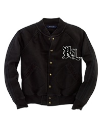 Classic varsity-inspired detailing and stylish graphics give the cotton-knit jacket a cool vintage look. Classic varsity-inspired detailing and stylish graphics give the cotton-knit jacket a cool vintage look.