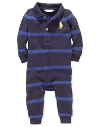 The classic polo shirt becomes an adorably preppy coverall in breathable striped cotton mesh.