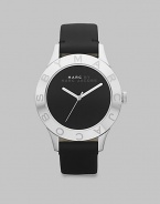 A clean and sleek style in stainless steel and supple, matte leather. Quartz movementWater resistant to 5 ATMRound stainless steel case, 40mm (1.6) Logo engraved bezelBlack dialSecond hand Black matte leather strapImported