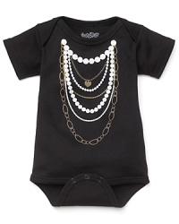 Who says rompers can't be fancy? A short sleeve black romper with pearl necklaces printed on front. Who says rompers can't be fancy? A short sleeve black romper with pearl necklaces printed on front.