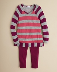 Sweet metallic stripes set off this cute look from Splendid. A raglan sleeve tunic with contrast trim is paired perfectly with a solid legging. Sweet metallic stripes set off this cute look from Splendid. A raglan sleeve tunic with contrast trim is paired perfectly with a solid legging.